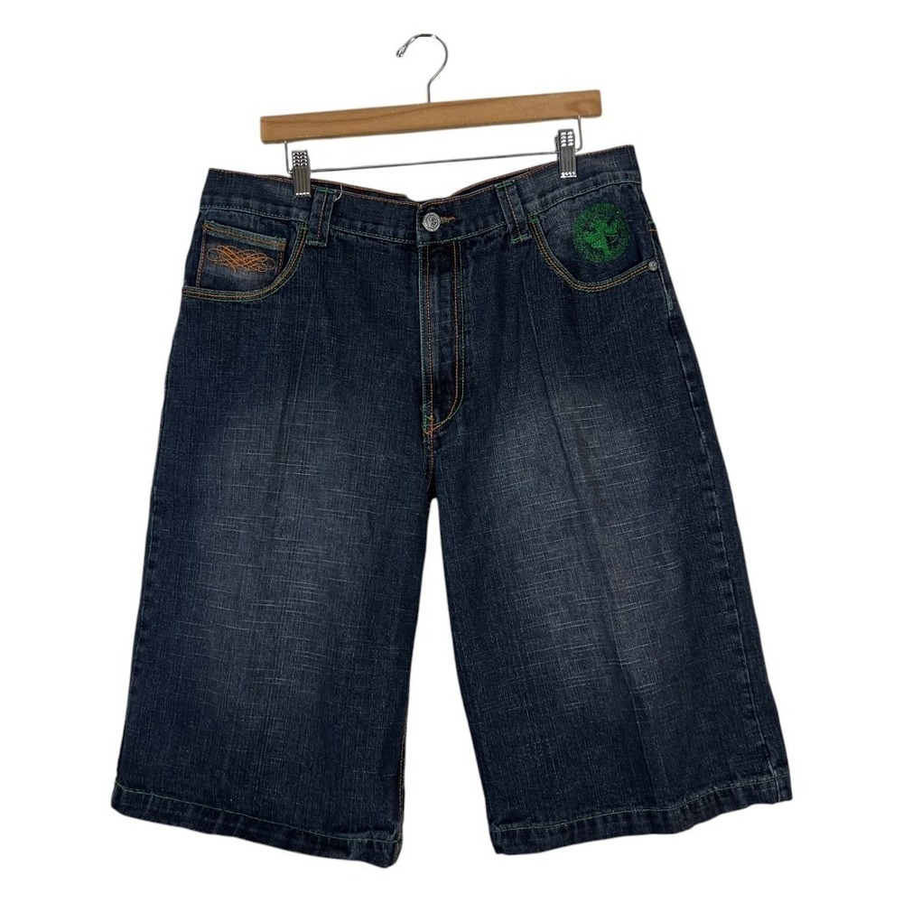 Jinzu Baggy Embroidered Graphic Denim Shorts Dark Wash Skater Streetwear Size 38
